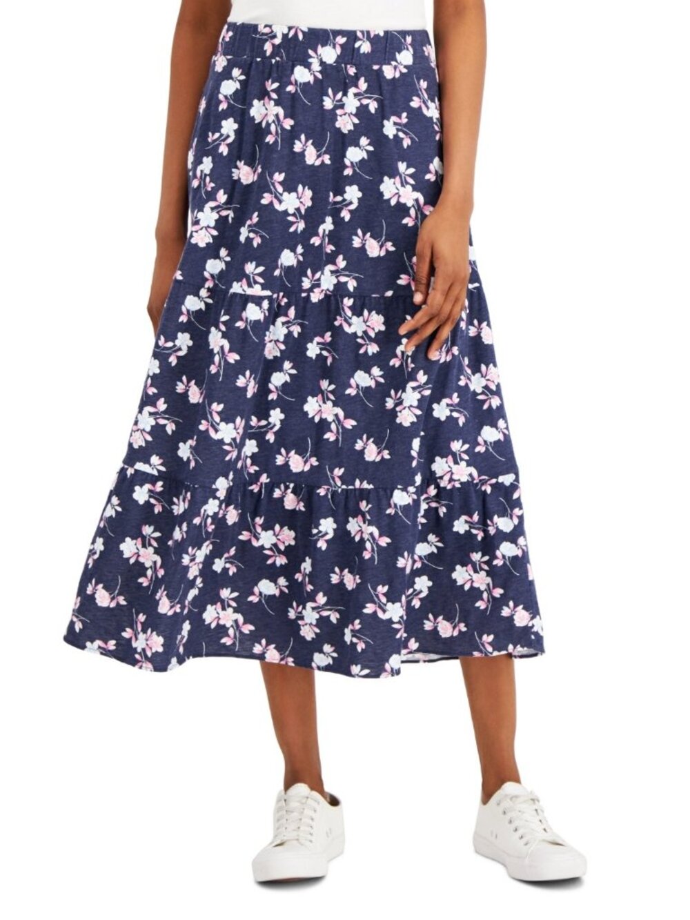 Charter‎ Club Petite Womens PM Medium Floral Printed Tiered Midi Skirt Blue 1675